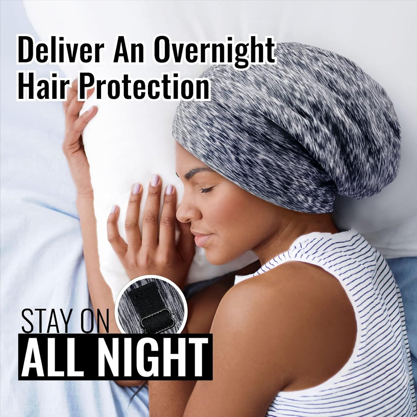 Satin Lined Sleep Cap Bonnet for Curly Hair and Braids, Stay On All Night Hair Wrap with Adjustable Strap for Women and Men, Grey and Black Leopard, Pack of 2