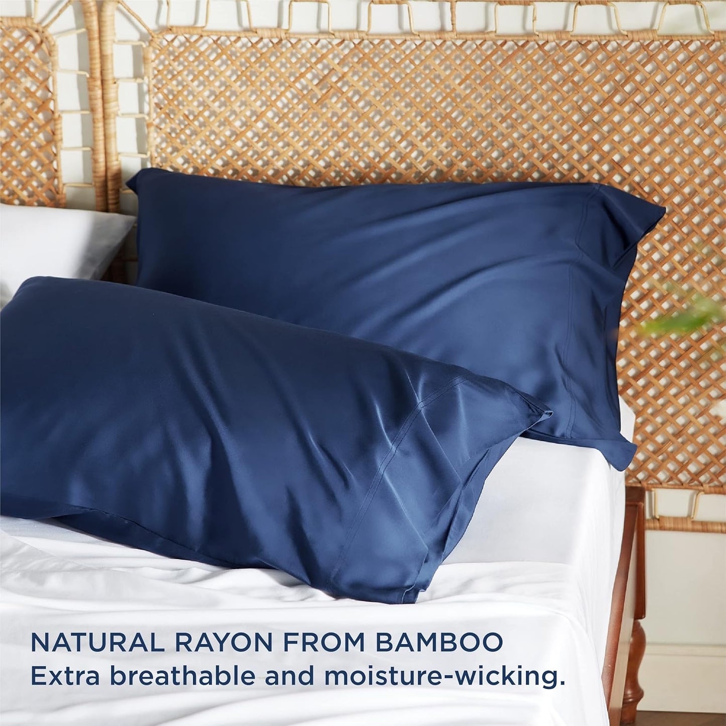 Bedsure Pillow Cases Queen, Cooling Pillow Cases, Rayon Derived from Bamboo Queen Pillowcases Set of 2, Silky Soft & Breathable Bedding Pillow Covers with Envelope Closure, Navy Blue, 20x30 Inches