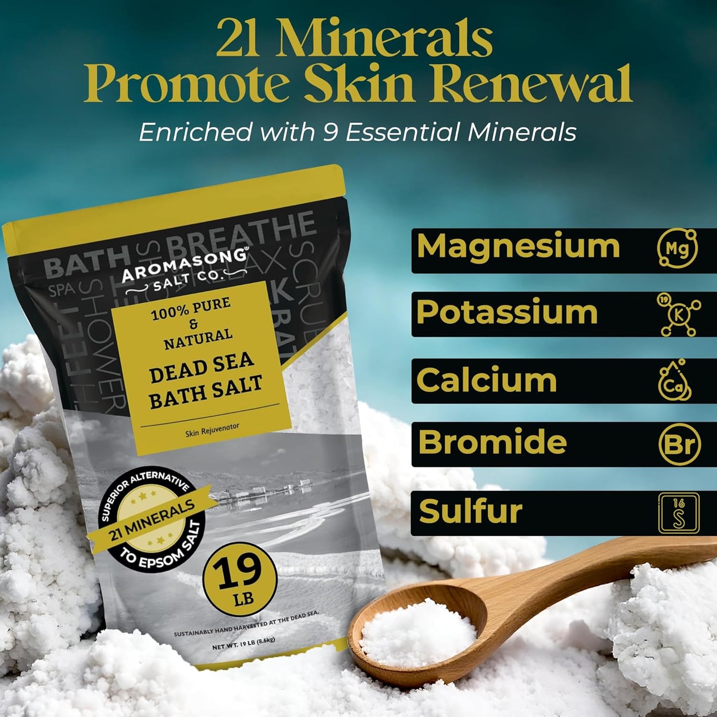 Aromasong Dead Sea Salt - Spa Bath Salt - Bulk 19 Lb Pack of 78 (1482 Lbs Total) Fine Grain - 100% Pure - Better Absorbing Than Epsom Salt - Soak for Women & Men for Skin Issues and Relaxation