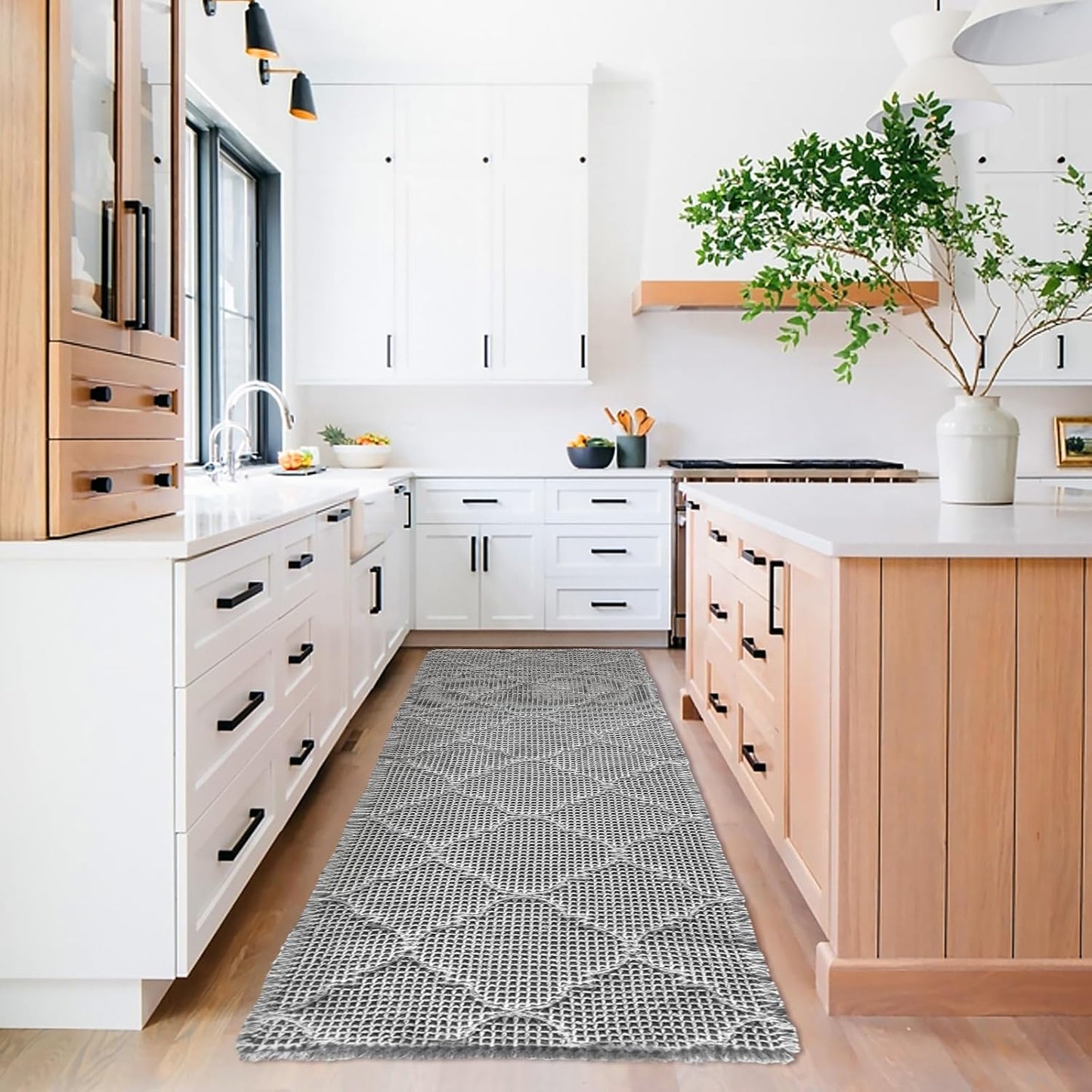 ZALL Waffle Bath Mat,Super Absorbent Non Slip Bathroom Rug,Grey 24X72inch, Geometric Diamond Machine Washable Ultra Soft Floor Mats Gray