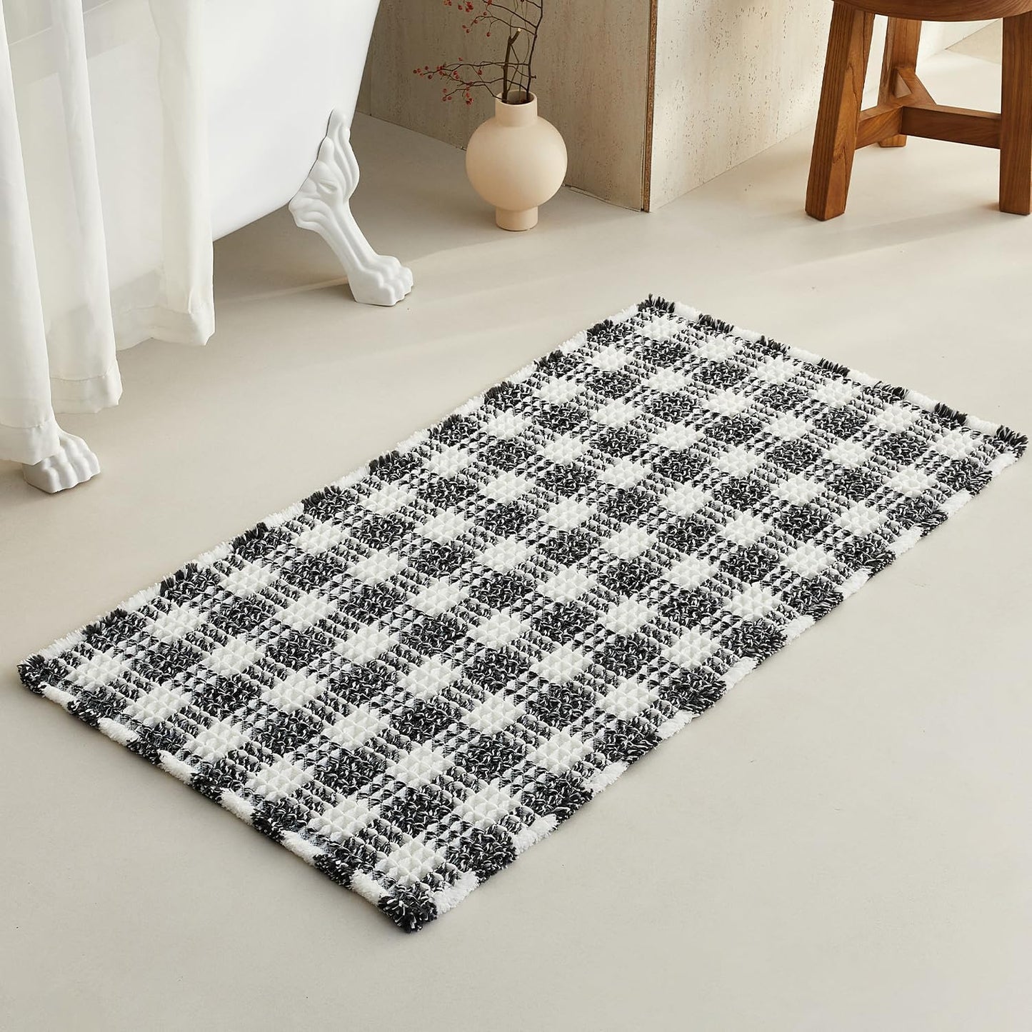 Waffle Bath Mat, Boho Bathroom Rugs Non Slip Washable Absorbent Checkered Bathroom Mat Quick Dry Farmhouse Bathroom Decor, 48"x24" Black and White
