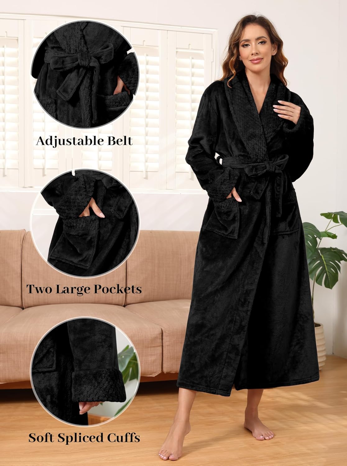 Artfasion Womens Long Fleece Robe - Warm Soft Floor Length Flannel Bathrobes for Winter Thicker Long House Coat with Pockets