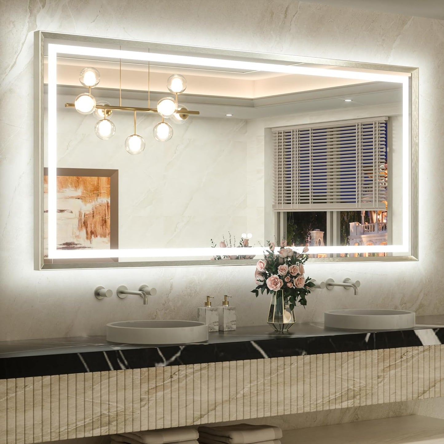 TETOTE 72 x 36 Large Bathroom Mirror Brushed Bright Nickel Metal Frame Frontlit & Backlit Vanity Mirror 3 Colors White/Warm/Natural Stepless Dimmable Anti-Fog Bathroom Mirrors for Vanity Wall-Mounted