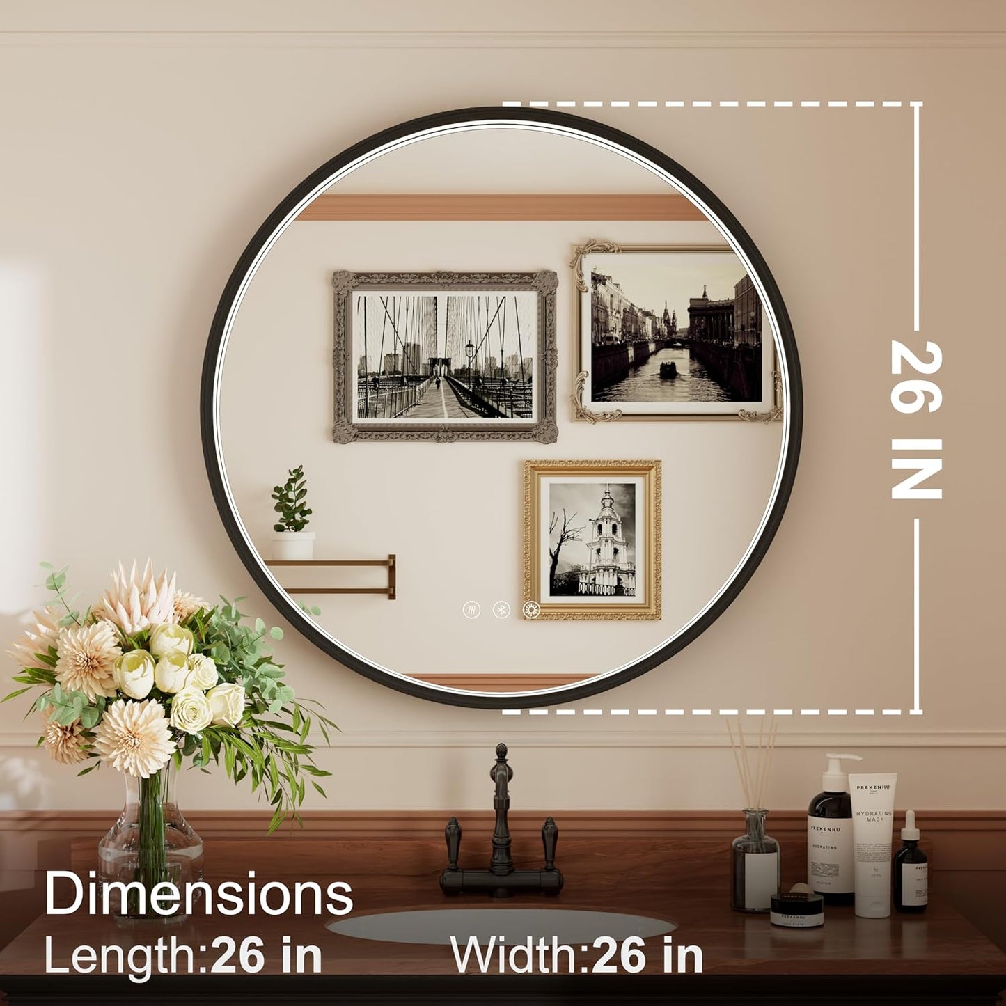 26 Inch Bluetooth Bathroom Mirror, Black Framed Round Vanity Mirror with Lights, Dimmable, 3000K/4500K/6000K, Anti-Fog, Built-in Dual Speaker, CRI 90+