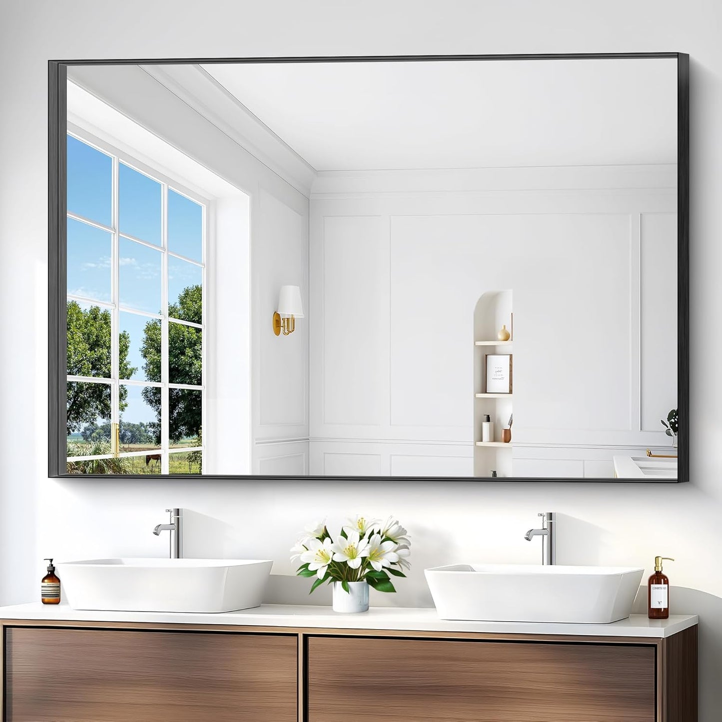Black Bathroom Mirror, 60x40 Inch Rectangular Framed Mirror, Large Wall Mounted Bathroom Vanity Mirror Over Sink for Bedroom,Restroom, Living Room, Hangs Vertically or Horizontally