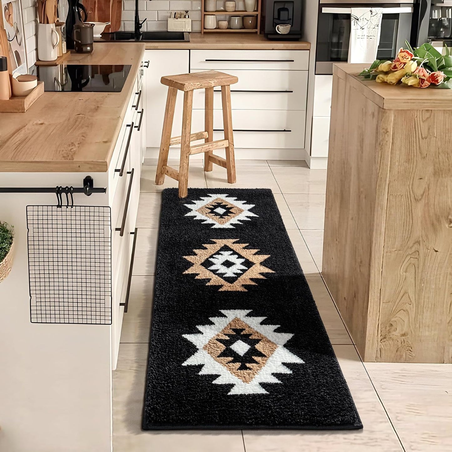DEXDE Boho Bathroom Rugs Runner 20x47, Black Aztec Western Bath Mat Non Slip Long Luxury Large Bath Rugs Soft Absorbent Carpet for Shower Kitchen Entryway Modern