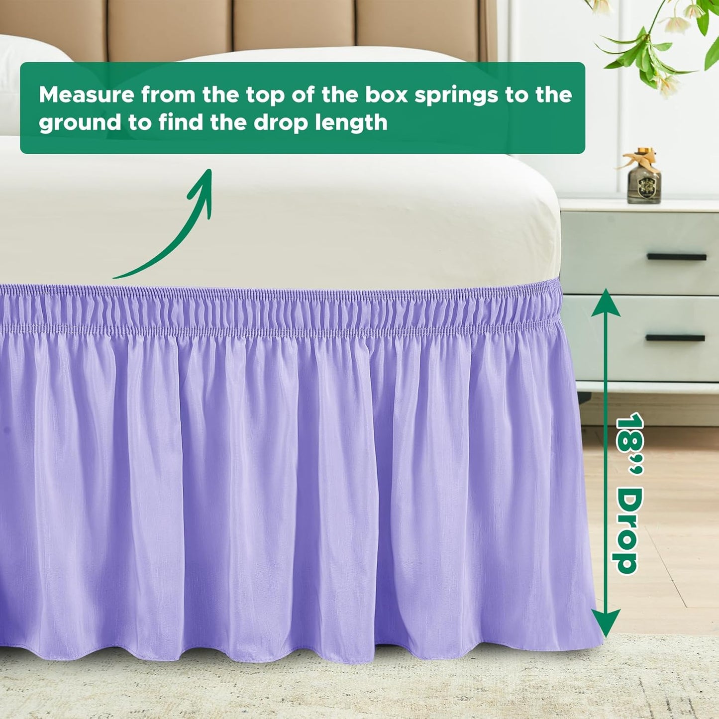 Biscaynebay Wrap Around Bed Skirts for King & Cal King Beds 18" Drop, Lavender Adjustable Elastic Dust Ruffles Easy Fit Wrinkle Resistant Silky Luxurious Fabric Machine Washable