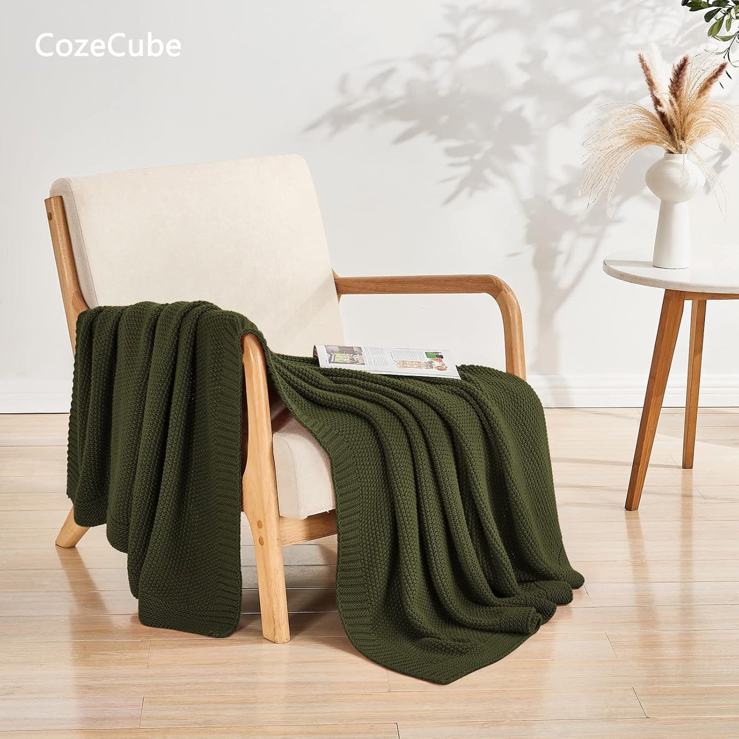 CozeCube Olive Green Throw Blanket for Couch, Soft Cozy Cable Knit Throw for Bed Sofa Living Room, Lightweight Warm Decorative Farmhouse Christmas Blanket, 50"x60", Olive Green