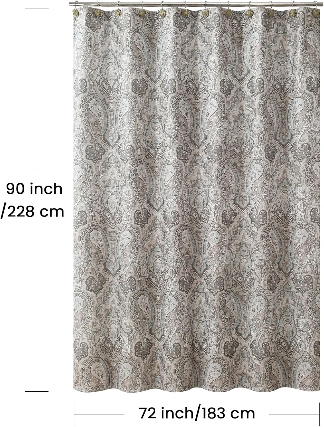 90 Inch Fabric Shower Curtain, Extra Long Taupe and Blue Paisley Print Shower Curtains for Bathroom, 72" W x 90" H