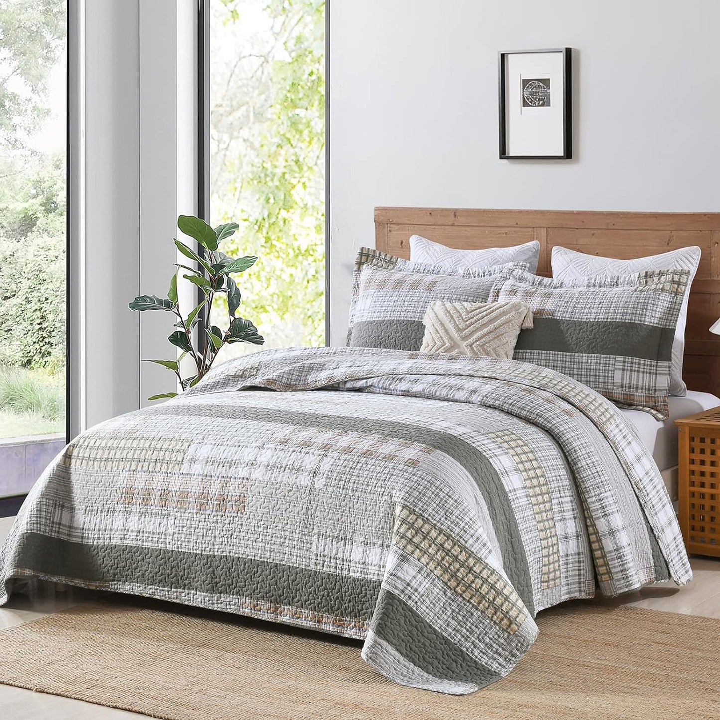 Y-PLWOMEN Quilts Queen Size - 100% Cotton Greyish Green Queen Quilt Farmhouse Plaid Quilted Bedspread, 3 Pieces Lightweight Reversible Queen Size Quilt Bedding Set for All Season