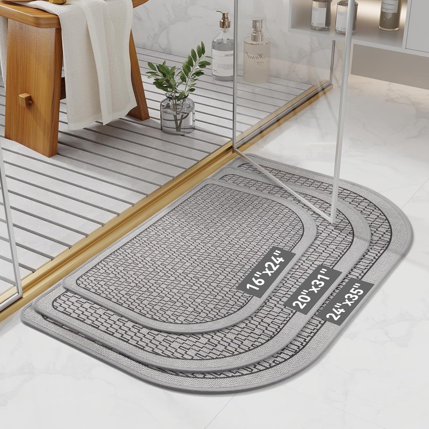 Bathroom Rugs Mat 24x35, Non Slip Ultra Thin Bath Mat Quick Dry Absorbent Washable Woven Half Round Bath Mats for Bathroom Floor Rubber Backed Fit Under Door Grey