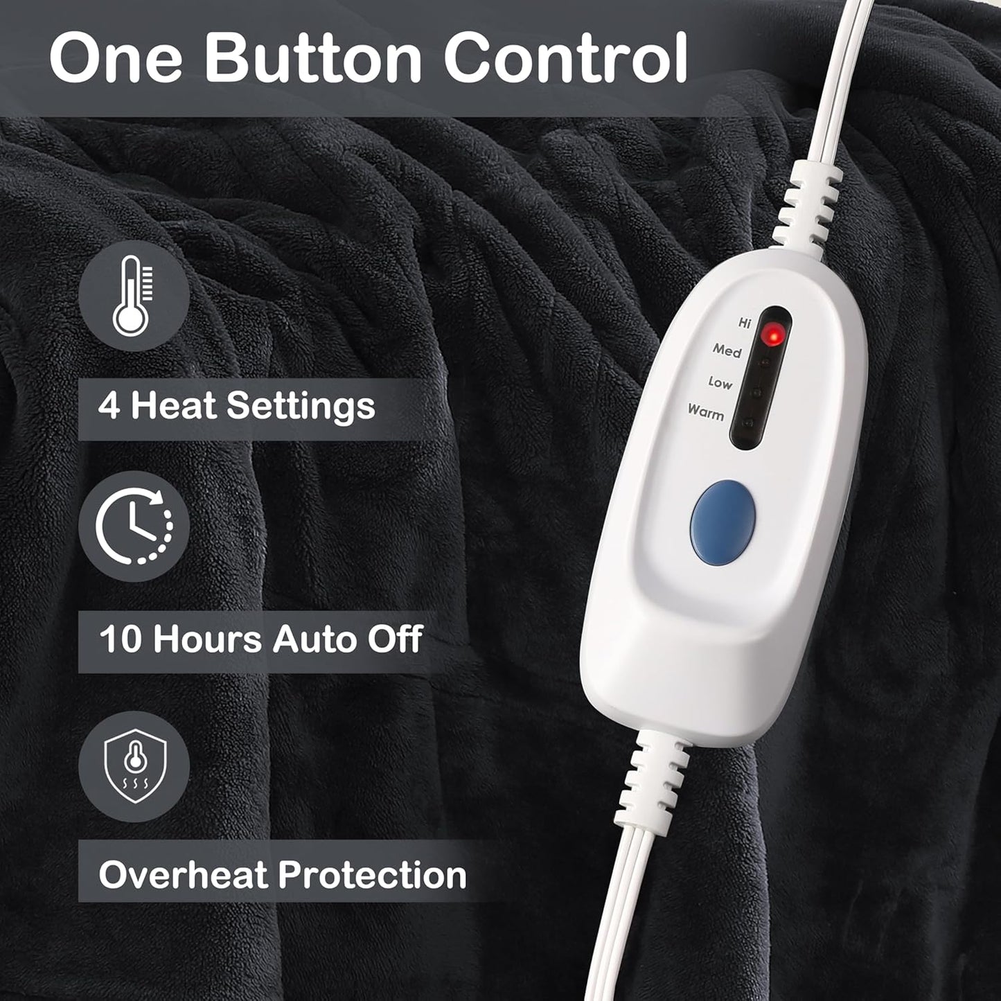 Electric Heated Blanket Full Size 72"x84", Soft Large Big Oversized Warm, 4 Heating Levels & 10 Hours Auto Off, Cozy for Bed, Sofa & Office, Machine Washable, Black
