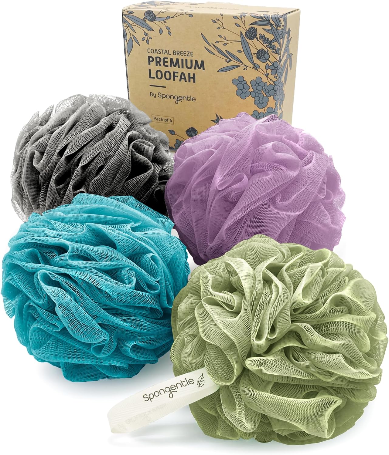 Spongentle Premium Deep Cleansing Loofah Sponge for Radiant Skin, Pack of 4, Bath and Shower, Exfoliating Body Scrubber, Beautiful Colors for Women and Men