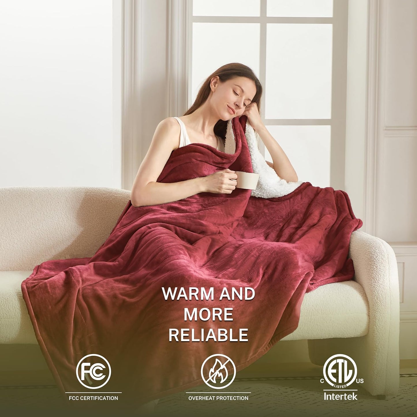 Heat Blanket 72”x84” Full Size,Soft Flannel & Sherpa Reversible Electric Blanket with 10 Heat Settings,12 Timer Setting and 8 Hours Auto-Shut Off,ETL Certified Machine Washable,Red