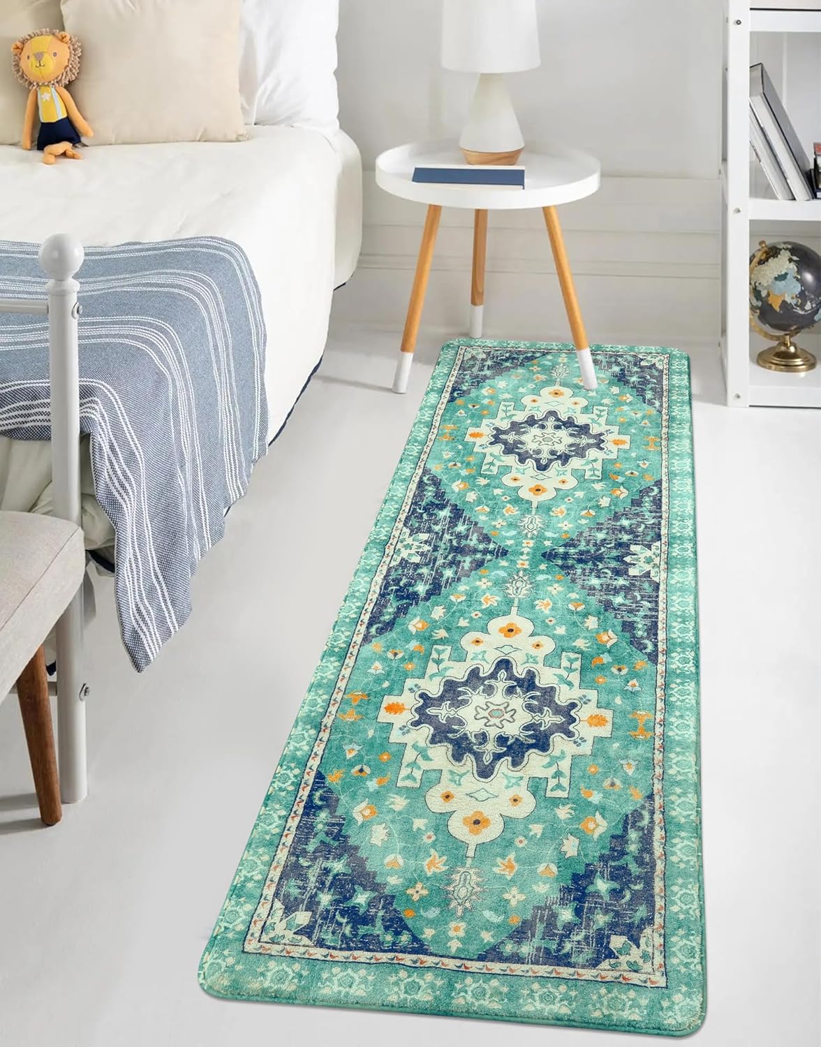 Uphome Boho Retro Hallway Runner Rug Green Non-Slip Soft Bathroom Rugs Oriental Machine Washable Runner Rug Traditional Tribal Floral Carpet for Bedroom Kids Room Entryway, 24x71 inch