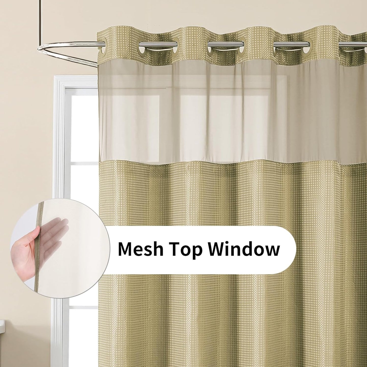 Colorful Star No Hook Shower Curtain with Snap in Fabric Liner, Waffle Weave Heavy Duty Thick Shower Curtains with Mesh Top Window, Hotel Style Waterproof Bathroom Curtain Set, 72 x 81 Inch, Beige