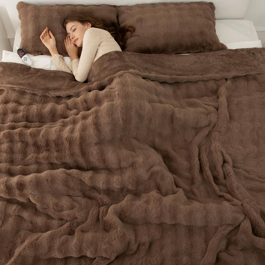 Faux Rabbit Fur Bubble Heated Blanket Full Size Camel - Fuzzy Soft Electric Blanket with 6 Heating Levels & 10 Timer Settings, Room Home Dorm Decor Gifts for Women, ETL Certified (72" x 84")