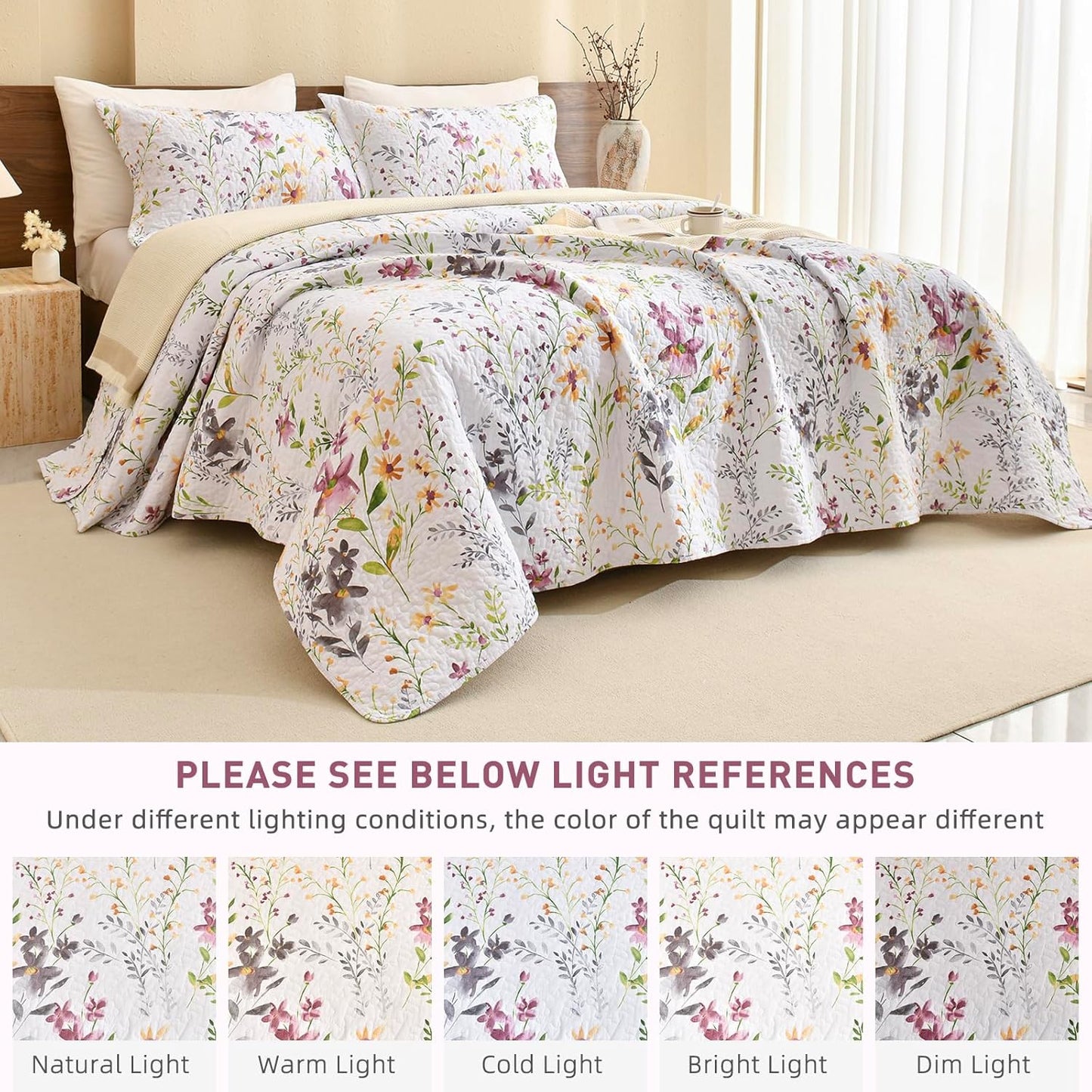 Lady Ann Wild Floral Printed Bed King Quilt Set 100% Cotton Yellow Flower Botanical Pattern Bedding, Vintage Lightweight Coverlet Ultra Soft Bedspread Set with Pillow Shams for All Season, 3 PCS