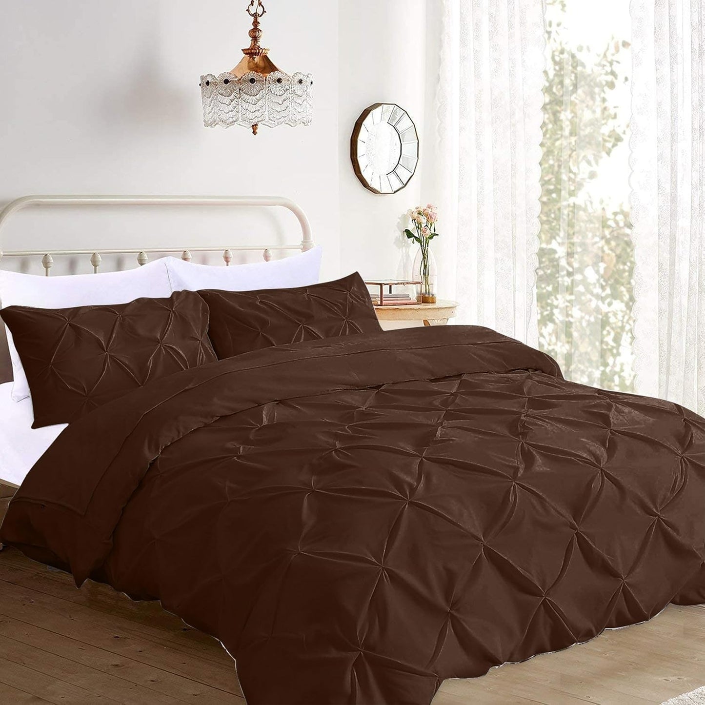 Pinch Pleated Duvet Cover Set 100% Cotton 3PC King Size 94x104 Duvet Cover Set, Decorative Pinch Design Brown Duvet Cover with Matching Pillow Case