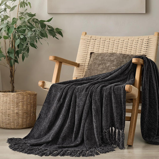 EVERGRACE Soft Chenille Throw Blanket for Couch, Cozy Plush Fuzzy Decorative Chenille Knit Throw Blanket with Tassels, Lightweight Blanket and Throws for Bed Sofa Gift Home Decor, Iron Black 50"x60"