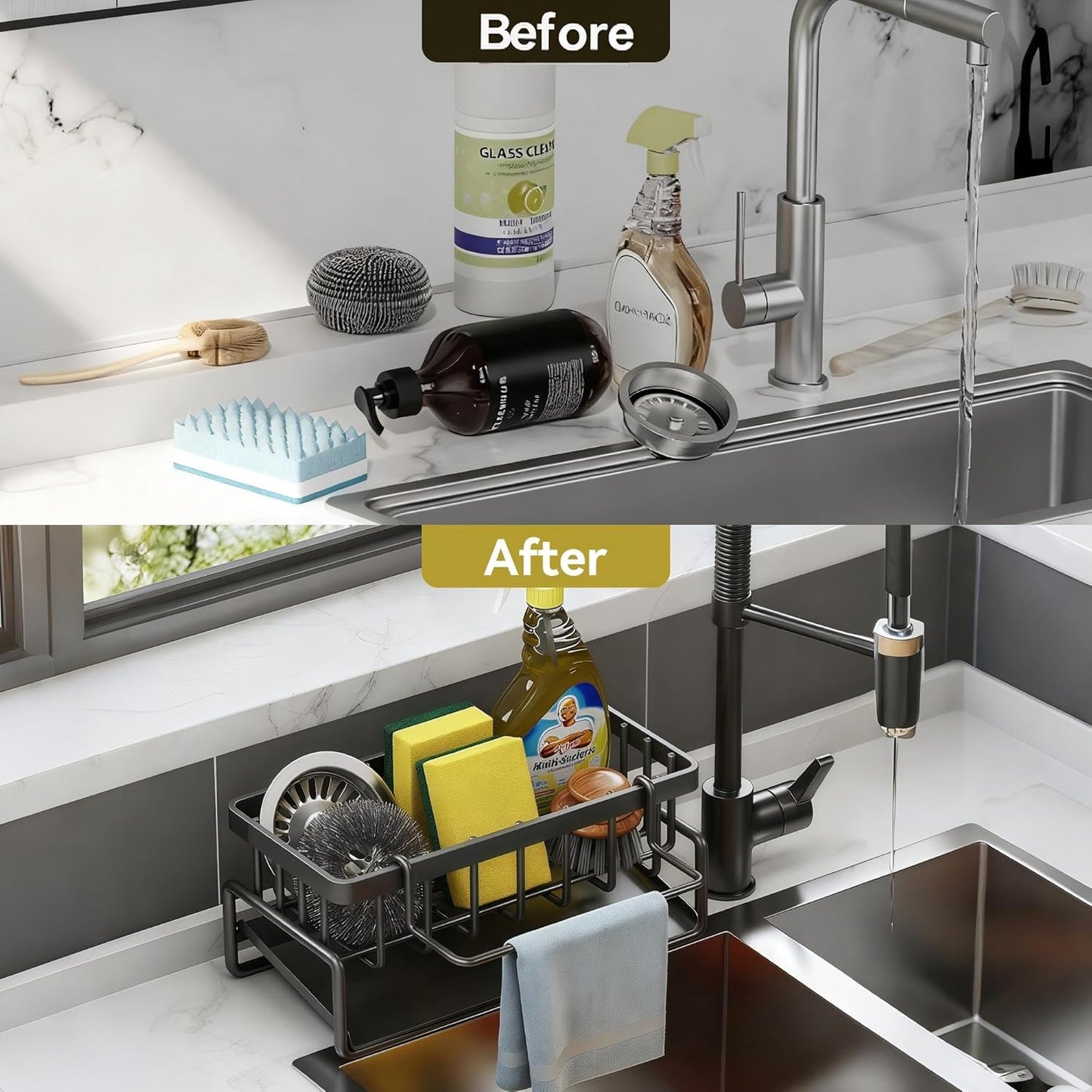 Sponge Holder for Kitchen, Sink Caddy Organizer Rack for Kitchen Accessories, Soap Dispenser Countertop Organizer Essentials for Home (Black)