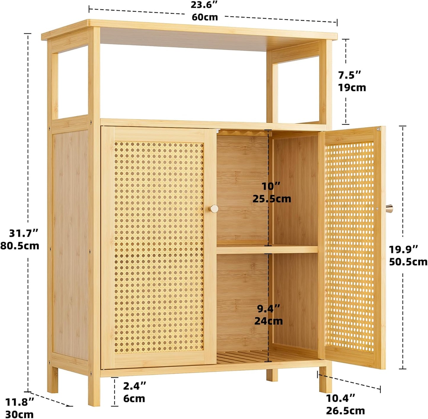 Bathroom Floor Stand Cabinet, Bamboo Storage Organizer Table with 2 Rattan Doors and 1 Shelf, Wooden Side Cupboard for Hallway, Laundry, Kitchen, Living Room (Natural)