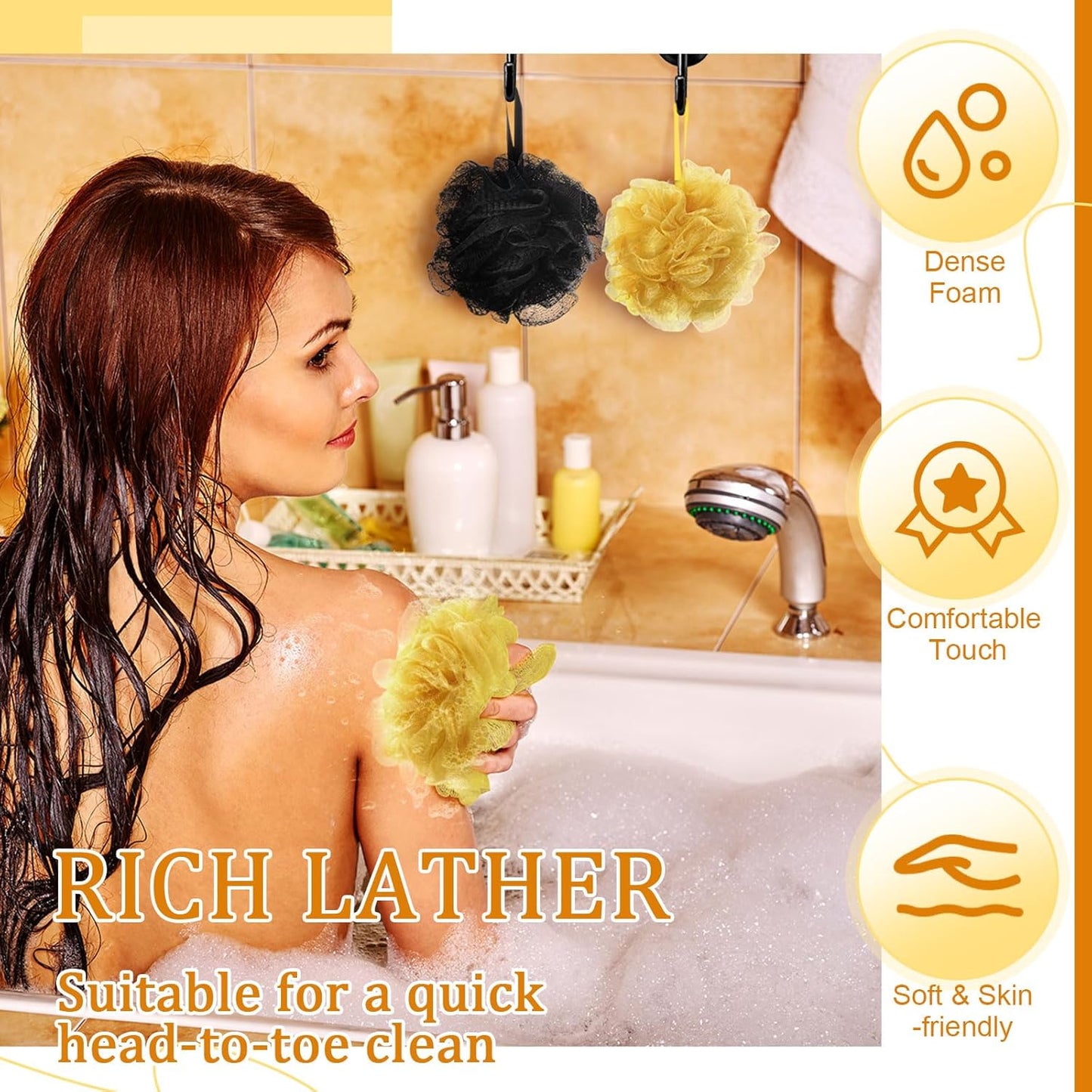 12 Pcs Halloween Bath Loofah Sponge Orange Black Loofah Exfoliating Body Scrubber Shower Sponge 50g Mesh Shower Pouf Balls Gift Set for Women Men Wedding Bathing Accessories(Gold and Black)