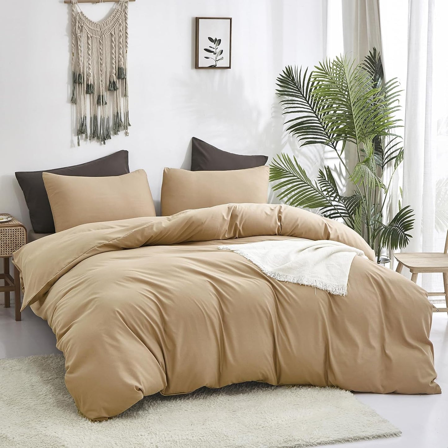 Cottonight Champagne Comforter Set Twin Khaki Bedding Set Full Solid Golden Color Blanket Quilts Soft Simple Breathable Modern Fashion Comforter Set for Women Men