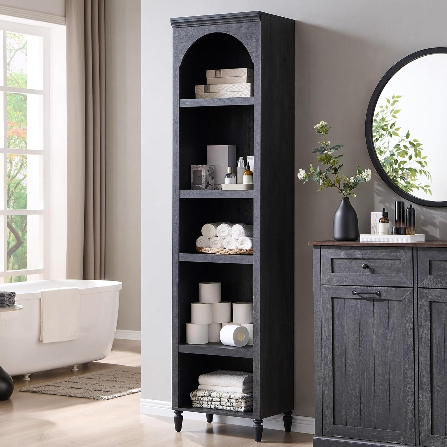 76" Tall Arched Bathroom Storage Cabinet, 5 Tiers Narrow Farmhouse Arched Cabinet w/Adjustable Shelves, Modern Wooden Storage Cabinet for Bathroom, Living Room, Entryway, Study Room (Dark Grey)