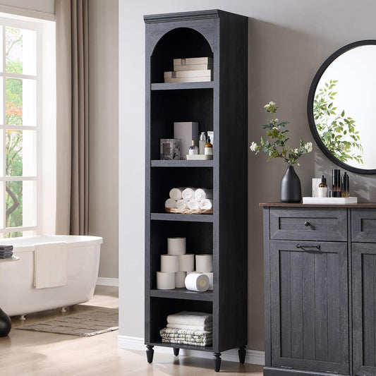 76" Tall Arched Bathroom Storage Cabinet, 5 Tiers Narrow Farmhouse Arched Cabinet w/Adjustable Shelves, Modern Wooden Storage Cabinet for Bathroom, Living Room, Entryway, Study Room (Dark Grey)