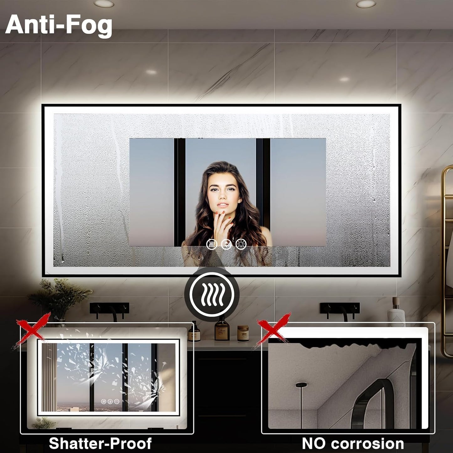 72x32 LED Bathroom Vanity Mirror - Black Aluminum Framed, Front and Backlit, Anti-Fog, Stepless Dimmable, 3 Colors Smart Mirror