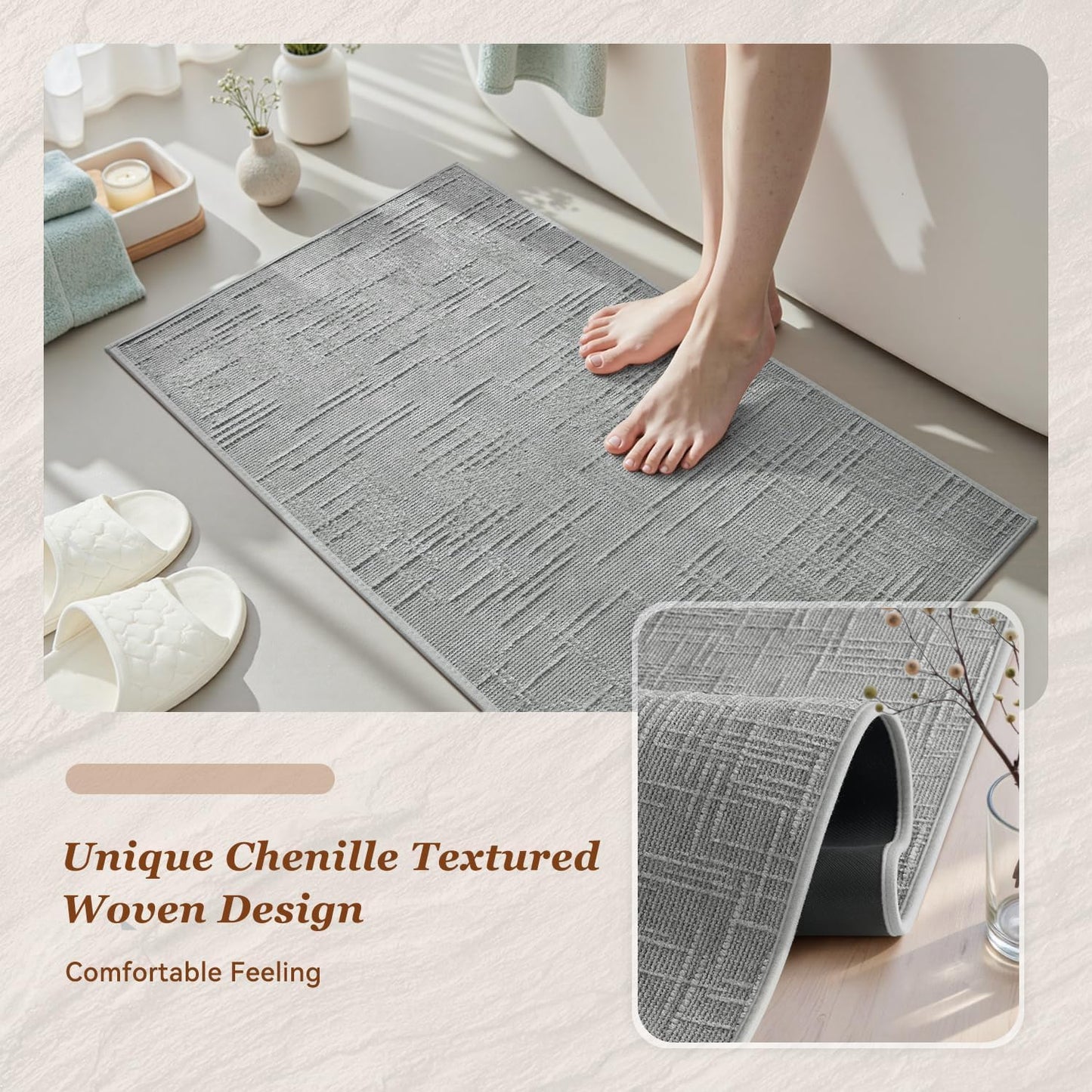 AMOAMI Bath Mat Non Slip Super Absorbent Quick Dry Bath Mats for Bathroom Floor Rubber Backing Washable Bathroom Rugs Modern Woven Jacquard Mat, Beside Tub Bath Rugs, 2' x 6', LightGrey
