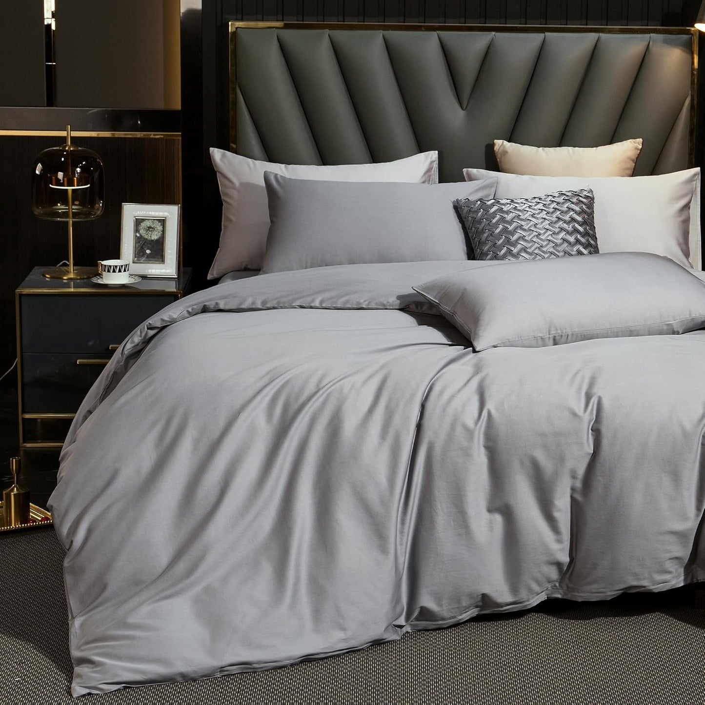 MooMee Duvet Cover Set 100% Extra Long Staple Cotton 600 Thread Count Silky Sateen Smooth Luxury Soft Breathable Durable Hotel Quality Bedding, 3 Pieces (Light Gray, King 104"x90")
