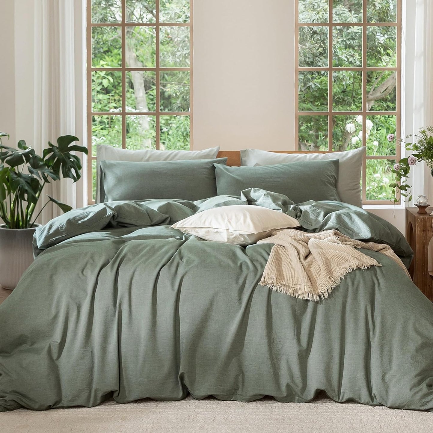 MooMee Bedding Duvet Cover Set 100% Washed Cotton Linen Like Textured Breathable Durable Soft Comfy (Heathered Green, King 104"x90")