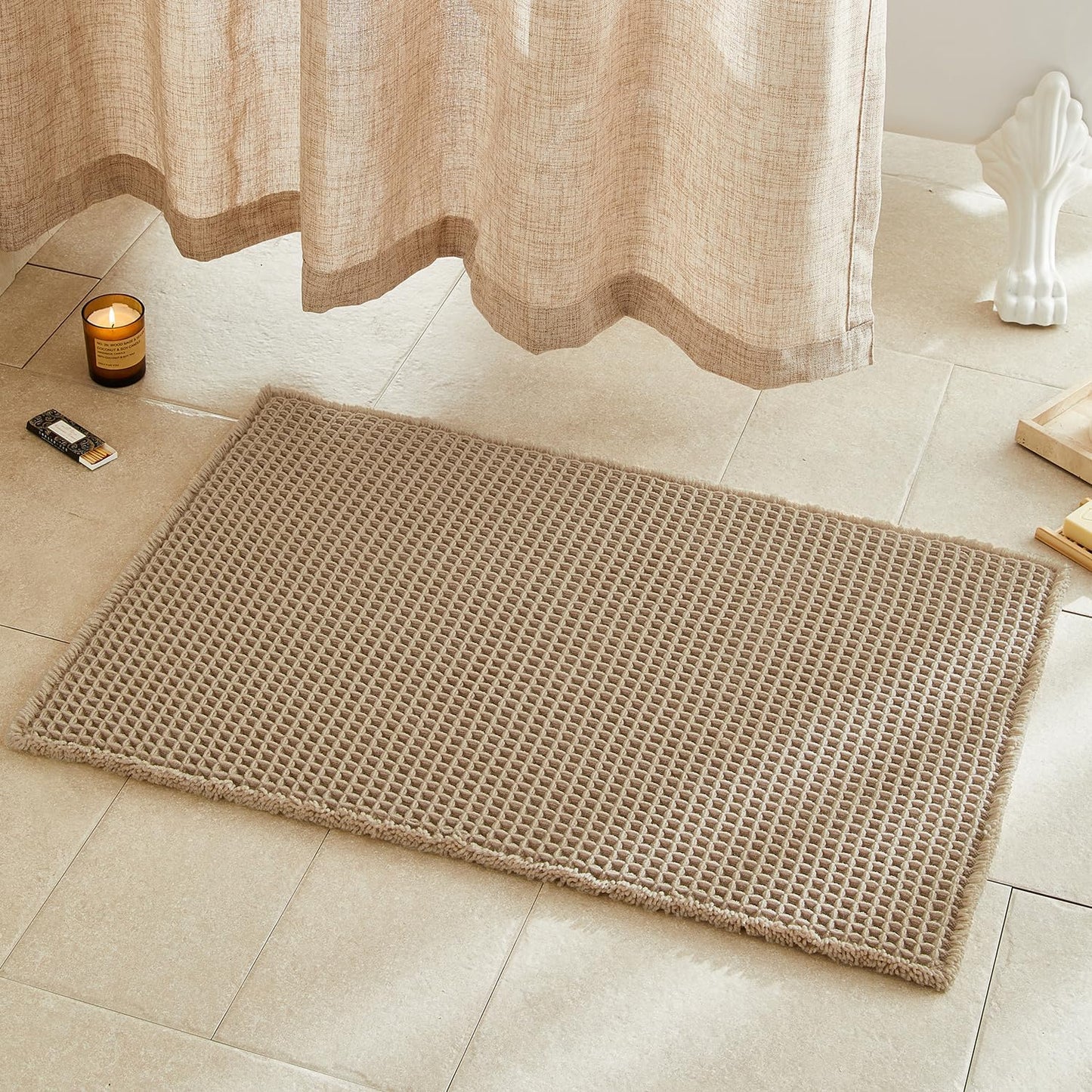 Waffle Bath Mat, Boho Bathroom Rugs Non Slip Washable Super Absorbent Quick Dry Farmhouse Bathroom Decor, 36"x24" Khaki