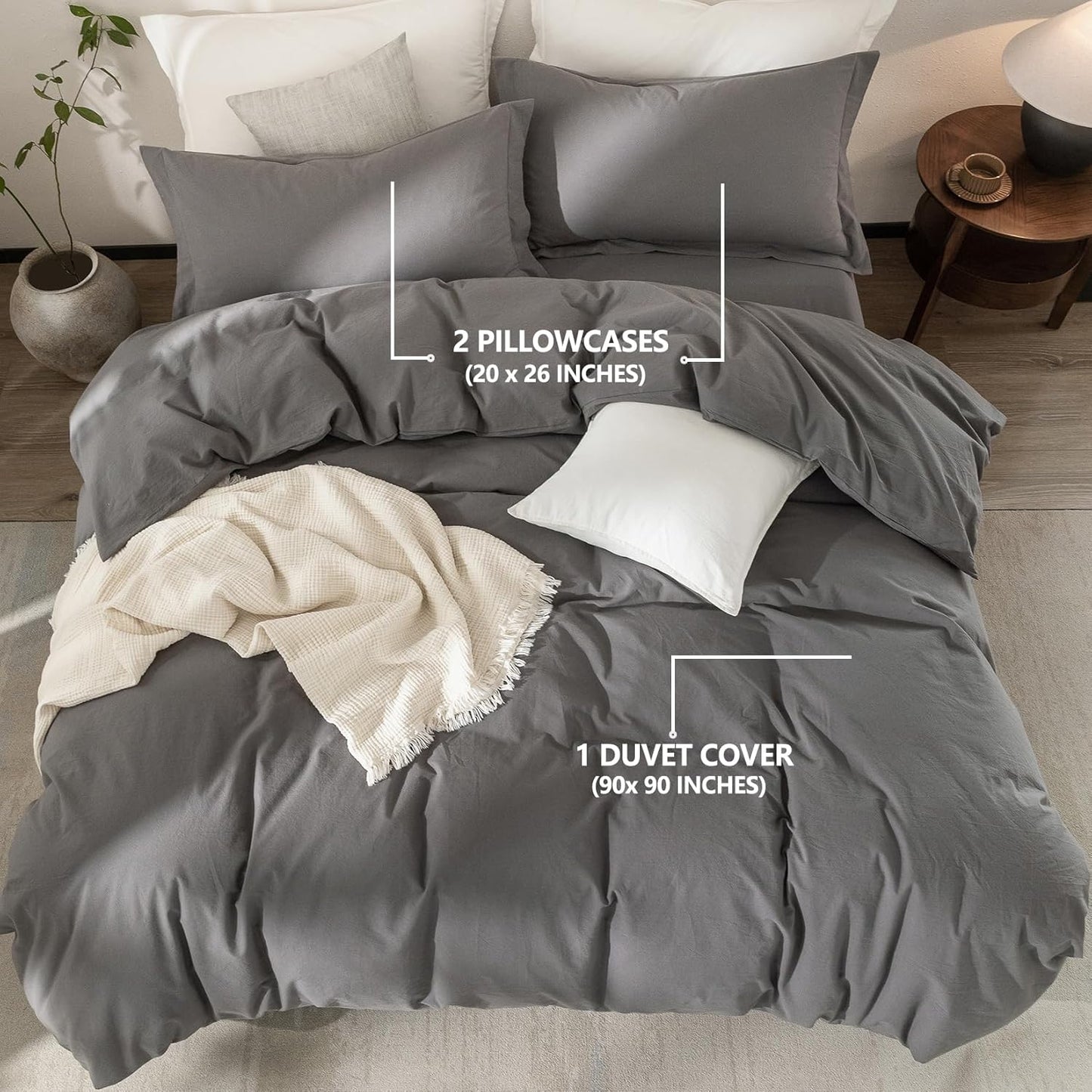 100% Washed Cotton Duvet Cover Queen Size Dark Grey Bedding Set Cover 1 Duvet Cover with Zipper Closure and 2 Pillowcases, 90inch x 90inch