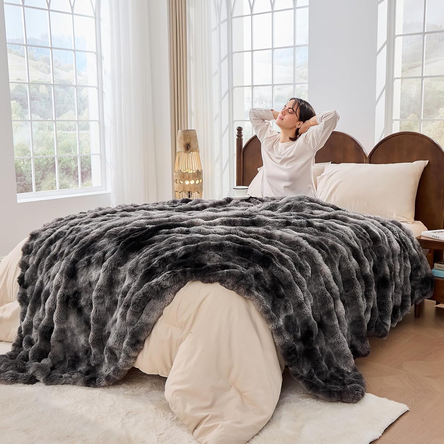 Fluffy Faux Rabbit Fur Throw Blanket - Soft, Luxury, Cozy Thick Warm Decorative Bubble Blanket for Bed, Sofa (Throw Size 50''x60'', Tie-Dyed Dark Grey)