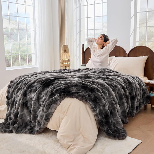 Fluffy Throw Blanket - Luxury Faux Rabbit Fur, Soft, Warm, Cozy & Fuzzy - Tie-Dyed Purple Dark Grey (King Size 108''x90'')