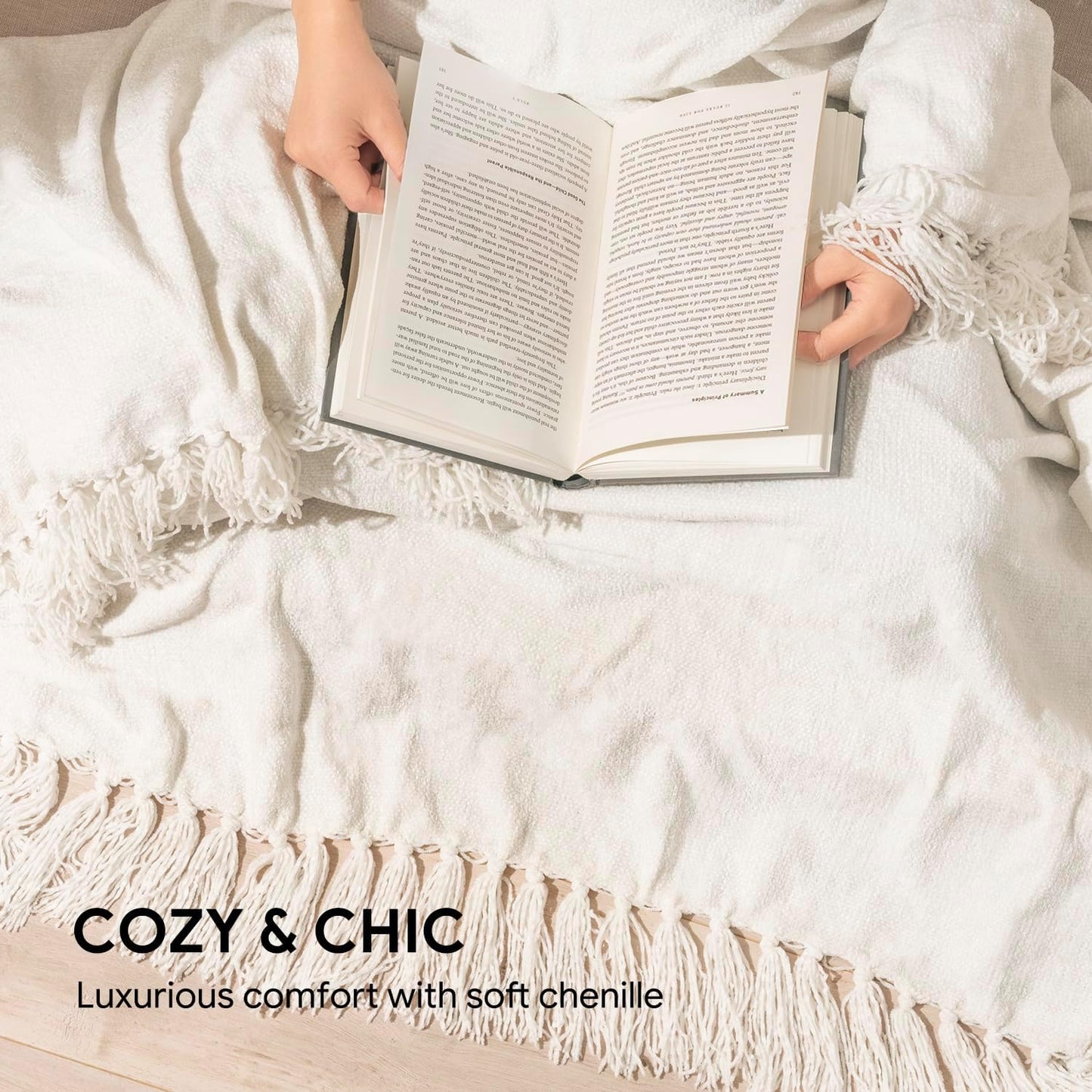 RECYCO Throw Blanket Soft Cozy Chenille Throw Blanket with Fringe Tassel for Couch Sofa Chair Bed Living Room Gift (Ivory White, 50" x 60")
