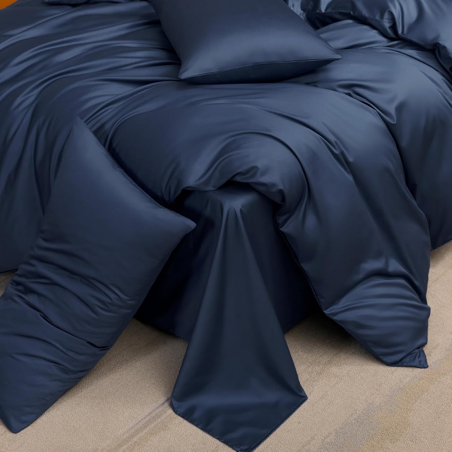 MooMee Duvet Cover Set 100% Extra Long Staple Cotton 600 Thread Count Silky Sateen Smooth Luxury Soft Breathable Durable Hotel Quality Bedding, 3 Pieces (Navy Blue, Queen 90"x90")