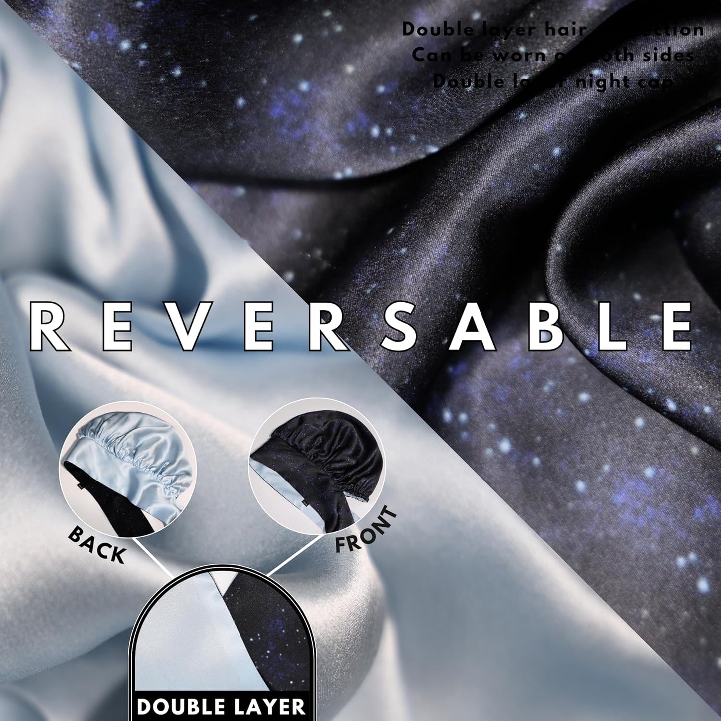 100% Mulberry Silk Bonnet for Sleeping Women, Handmade in USA 19 Momme Double Layer Reversible Silk Hair Wrap with Adjustable Ties, Non-Slip Sleep Cap for Curly & Natural Hair (Midnight)