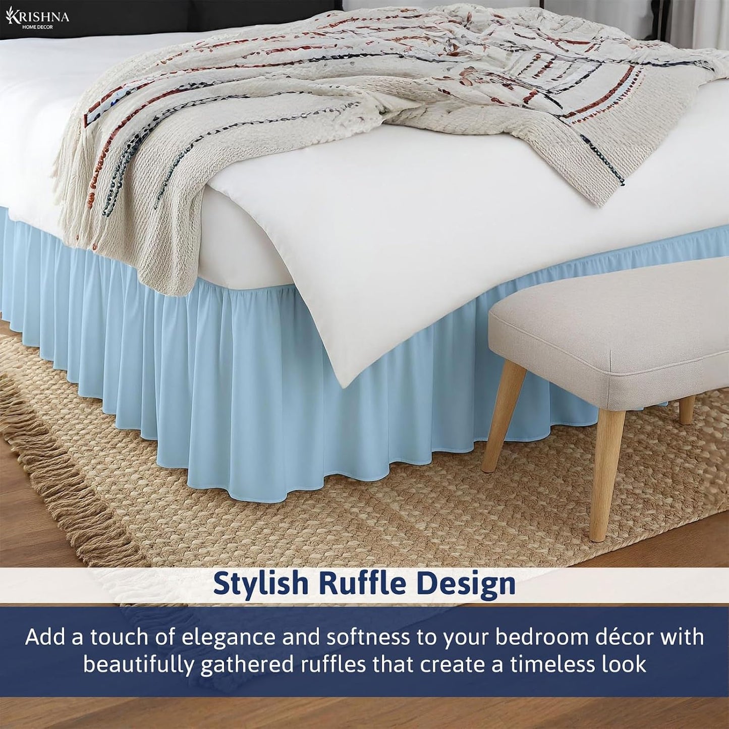 KRISHNA Ruffled Bed Skirt with Split Corners Twin, 100% Microfiber Hotel Quality, 28 Inch Drop Dust Ruffle Gathered Bedskirt with Platform, 39" x 75", Light Blue