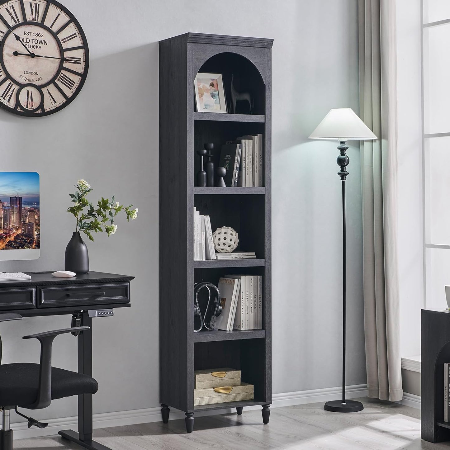 76" Tall Arched Bathroom Storage Cabinet, 5 Tiers Narrow Farmhouse Arched Cabinet w/Adjustable Shelves, Modern Wooden Storage Cabinet for Bathroom, Living Room, Entryway, Study Room (Dark Grey)