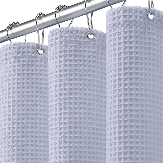 Extra Long Waffle Shower Curtain - Misty Blue Cotton Texture Fabric Heavyweight Shower Curtain for Bathroom,72Wx84L