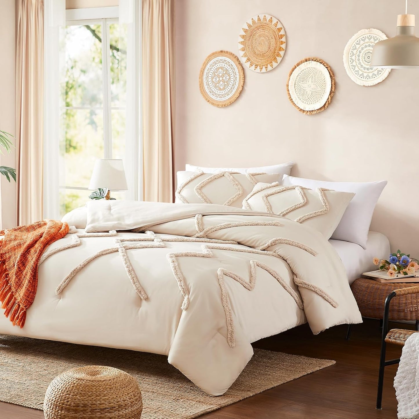 Cupocupa King Size Comforter Set;Beige Boho Tufted Lightweight Bedding Sets 3PCS Soft Jacquard Comforter with 2 Pillow Cases for All Season