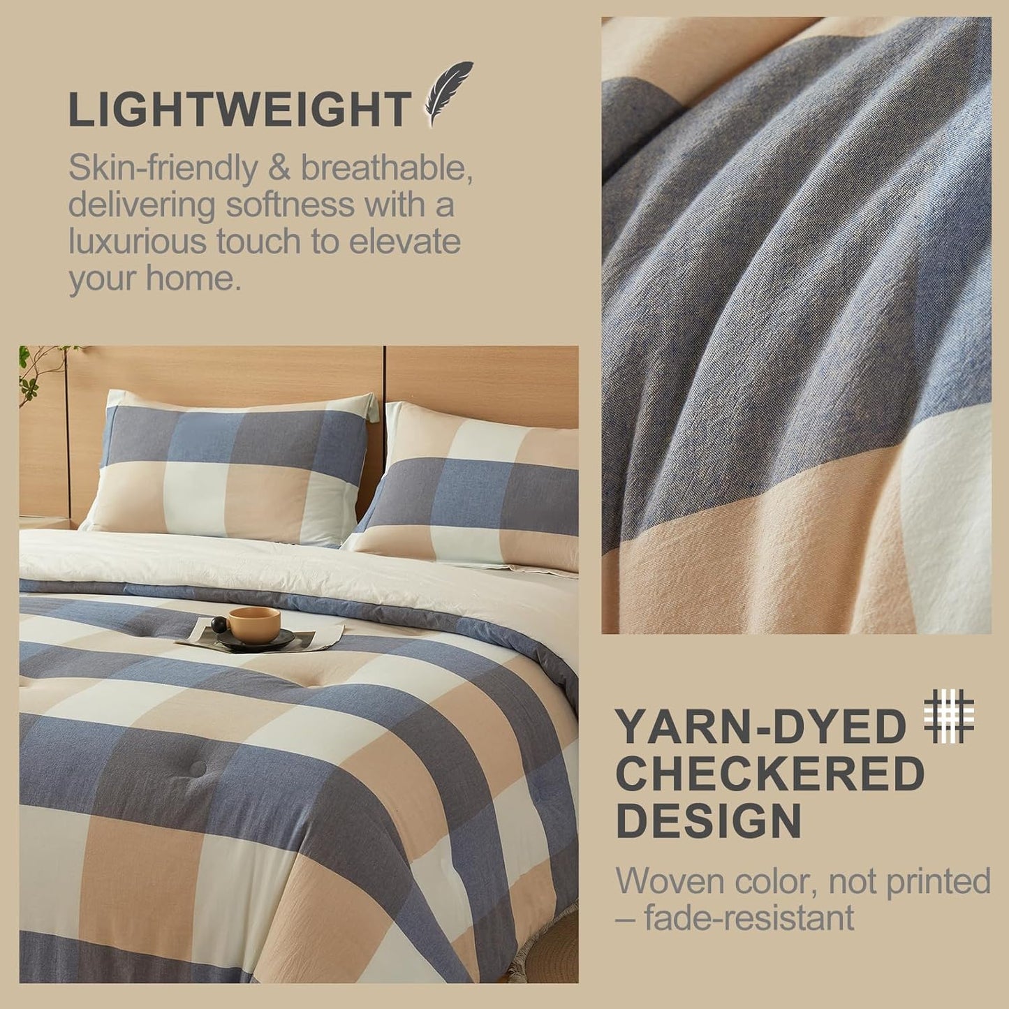 100% Cotton Comforter Set King Size – Reversible Yarn-Dyed Checkered Design, Soft Washed Cotton on Both Sides, Lightweight All-Season Bedding, Machine Washable(Blue White Plaid, 104”x90”)