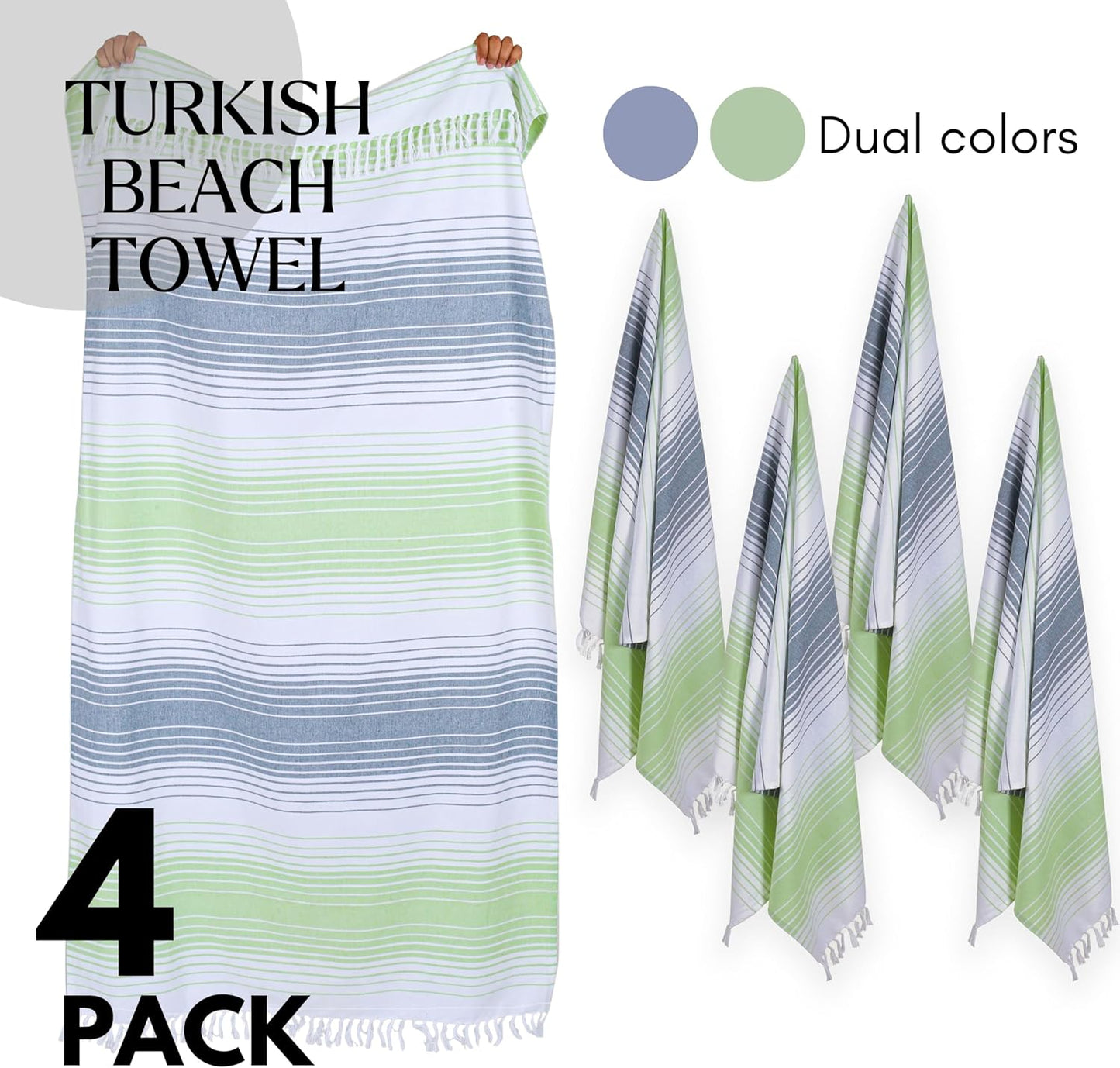 Native Fab Oversized Beach Towel, 4 Pack, 40x71 inches 100% Cotton Turkish Peshtemal for Adults,Soft & Absorbent, Extra Large Beach Towel for Hammam Spa Beach Blanket Bath, Cabana Strips, Green White