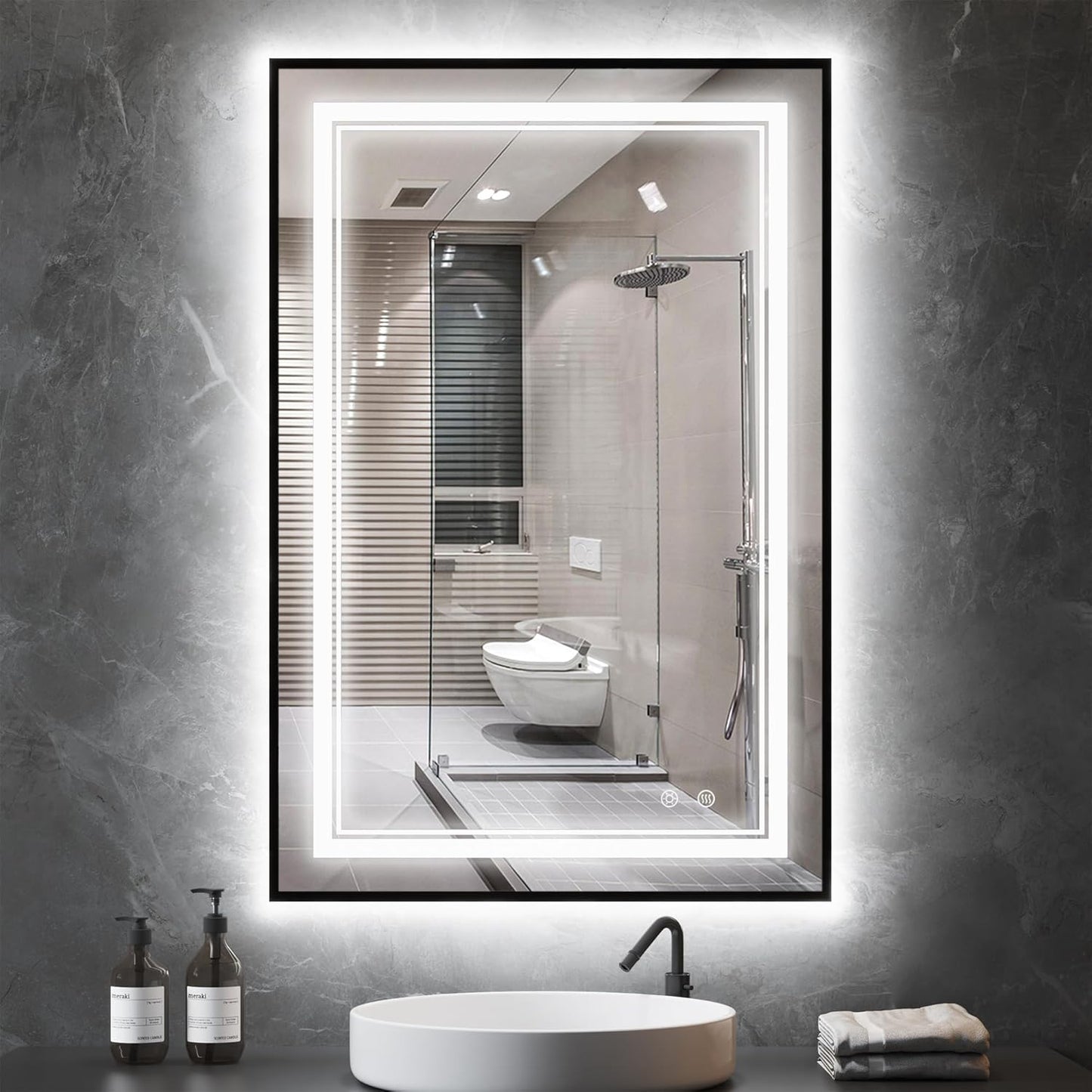 LED Bathroom Mirror with Front and Backlit 24"x36", Black LED Mirror for Bathroom,Dual LED Strips, Fogless, Dimmable, 3 Color Changing, Shatterproof, Horizontal/Vertical
