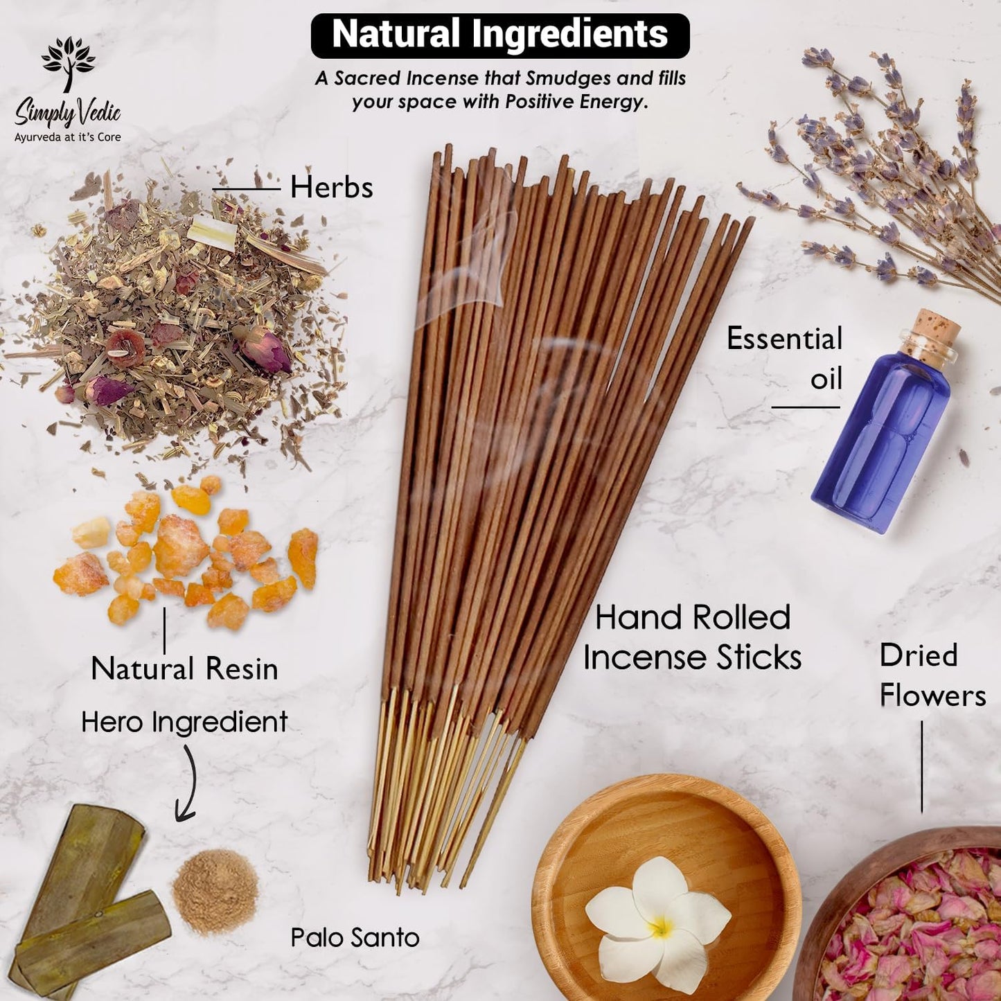 Simply Vedic Palo Santo Incense Sticks – 250g Pack (Approx. 135 Handmade Agarbatti + Free Holder) | Natural & Charcoal-Free | 45-Min Burn for Meditation, Yoga, Aromatherapy, Energy Cleansing