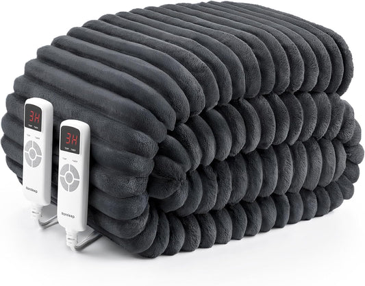 Hansleep Heated Blanket King Size Electric Throw Dual Control, Heating Blanket with 9 Heating Levels and 10-Hour Timer Auto Shut Off, Washable Soft Warm Winter Blanket, 90 x 100 Inches, Dark Grey